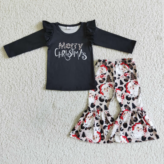 GLP0150 merry christmas black long sleeve top and santa pattern bell bottoms outfit