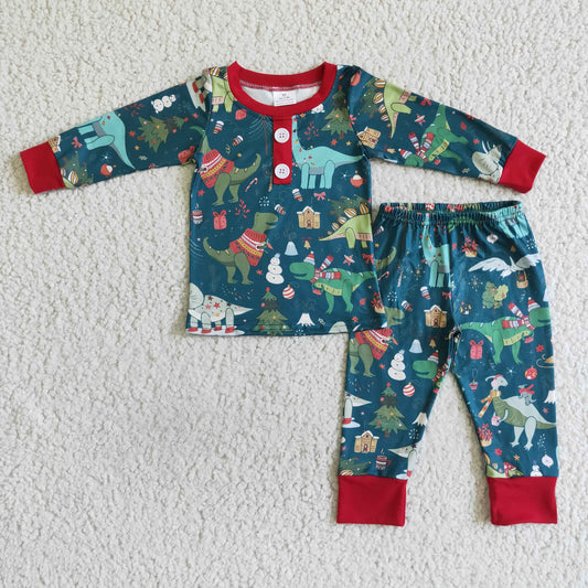 6 C11-40 boy christmas gift and dinosaur pattern pajamas set kids winter long sleeve outfit