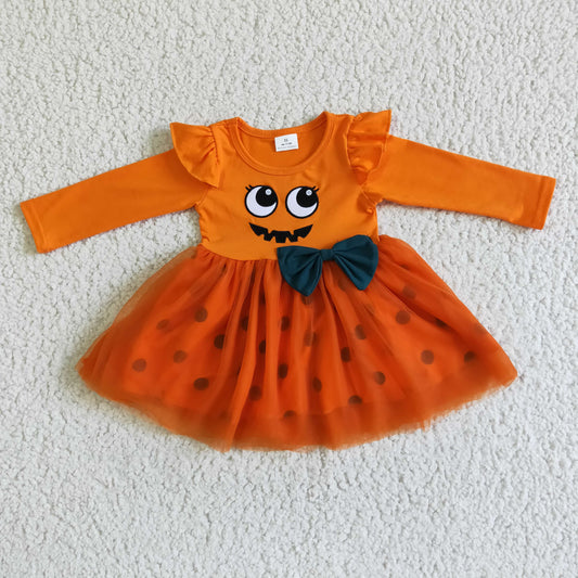 GLD0019 baby girls orange color long sleeve twirl dress for halloween kids polka dot frock with bow