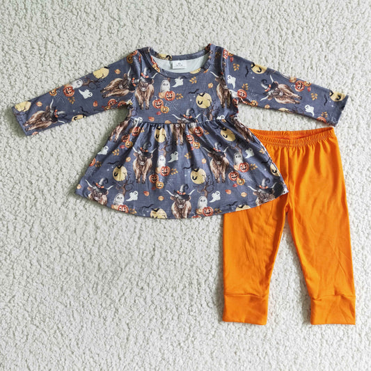 GLP0112 girl halloween gray long sleeve top and orange solid color pants set