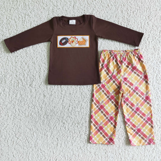 BLP0005 boy brown cotton long sleeve top match plaids pants 2pieces set with turkey embroidery