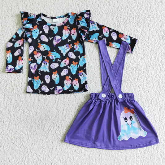 GLD0026 girl long sleeve cute pattern top match purple cotton strap skirt for halloween
