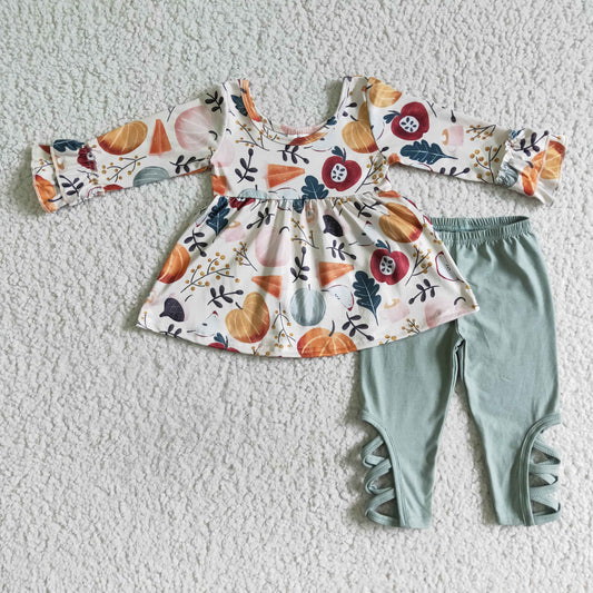GLP0113 girl autumn long sleeve o-neck pumpkin and apples print top match solid color pants