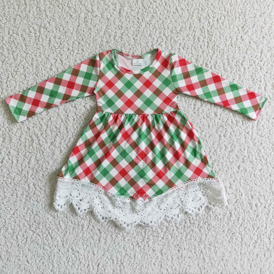 GLD0023 girl red and green plaids long sleeve twirl dress children autumn lace frock