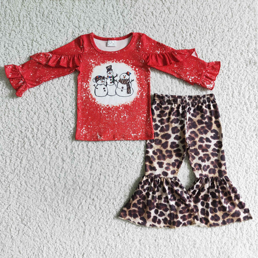 GLP0103 red ruffle long sleeve yop with snowman print match leopard bell bottoms set