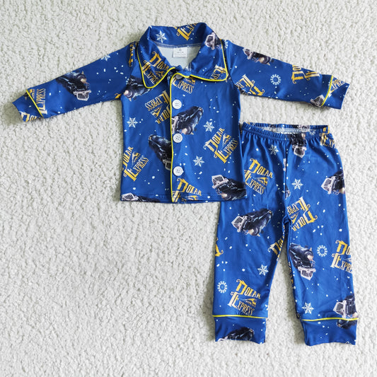 6 A11-19 boy blue long sleeve pajamas set  with turn-down collar