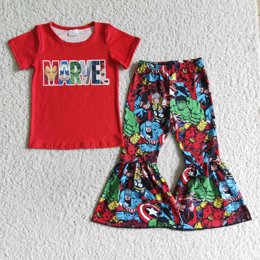 GSPO0159 girl red short sleeve shirt and elastic waist bell bottoms 2pieces set