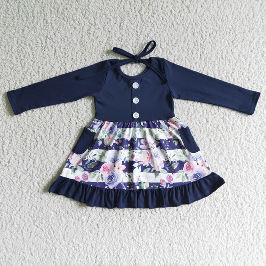 GLD0052 girl navy blue long sleeve flowers twirl dress with pockets