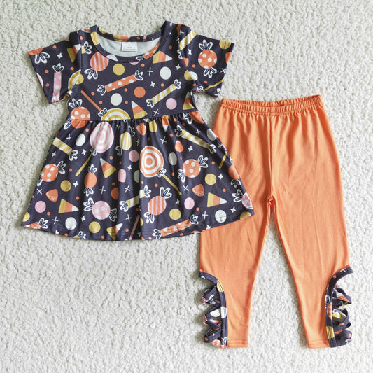 GSPO0156 girl halloween short sleeve top and orange color pants 2pieces set