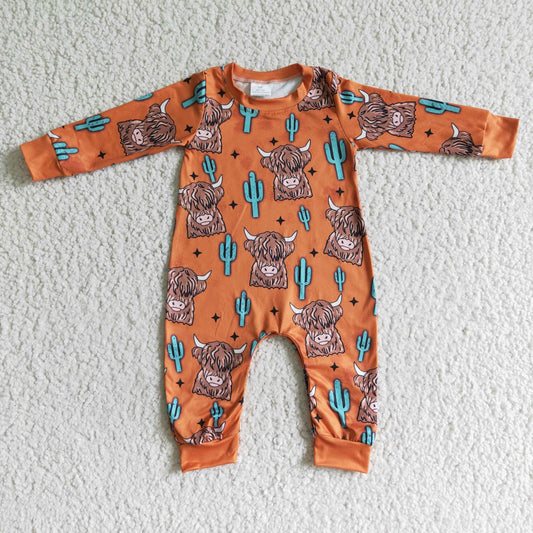 LR0060 infants boy long sleeve highland cow and cactus pattern romper