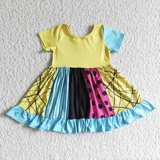 GSD0130 girl short sleeve o-neck stitching twirl dress for halloween