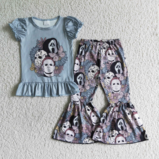 GSPO0167 girl blue puff short sleeve top and flowers pattern bell pants outfit