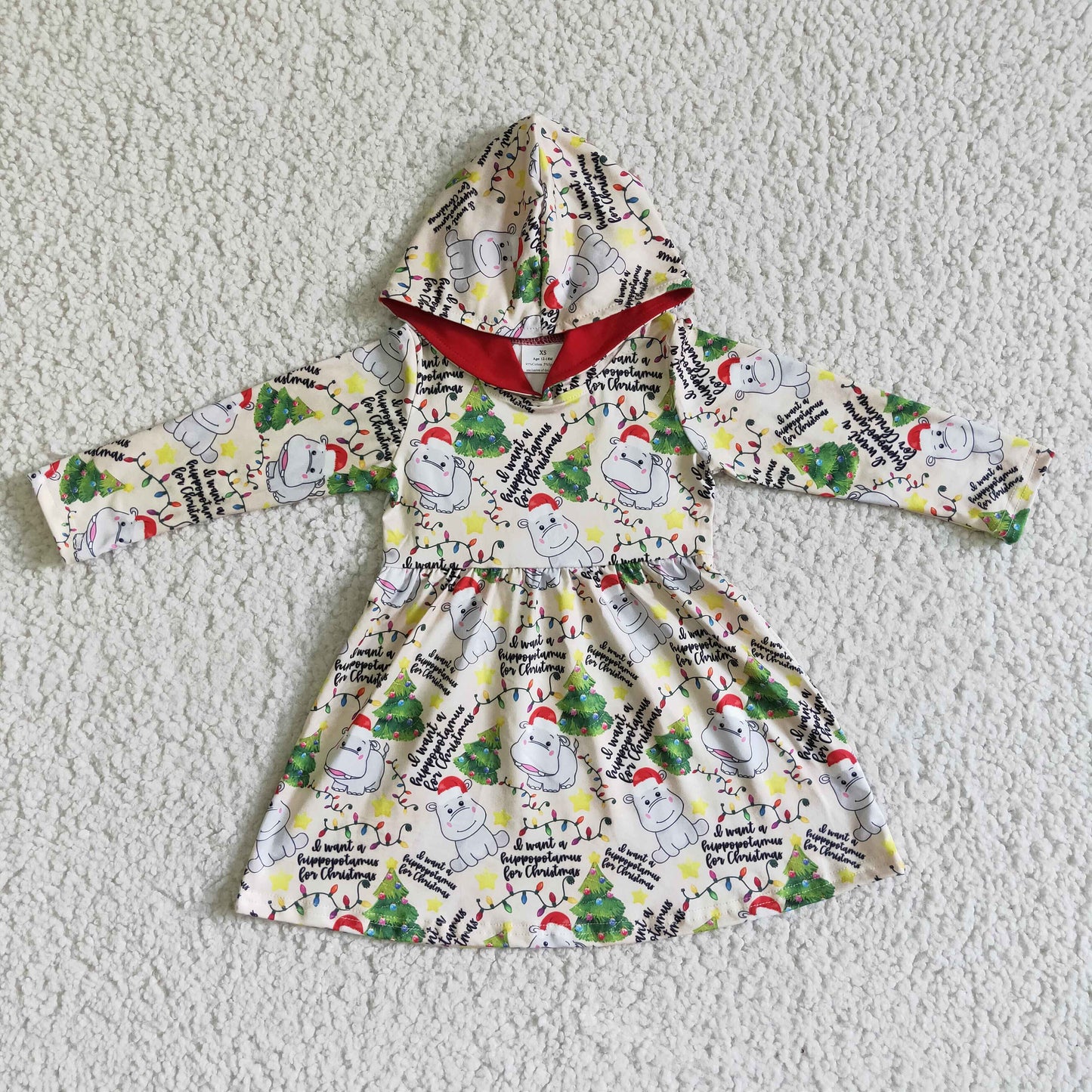 GLD0076 girl long sleeve christmas trees hooded twirl dress