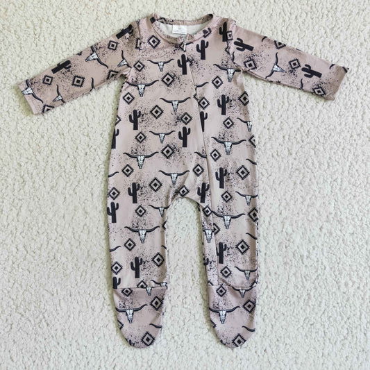 LR0074 infants baby long sleeve cow and cactus pattern romper with zipper