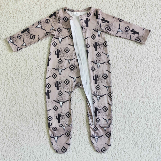 LR0074 infants baby long sleeve cow and cactus pattern romper with zipper