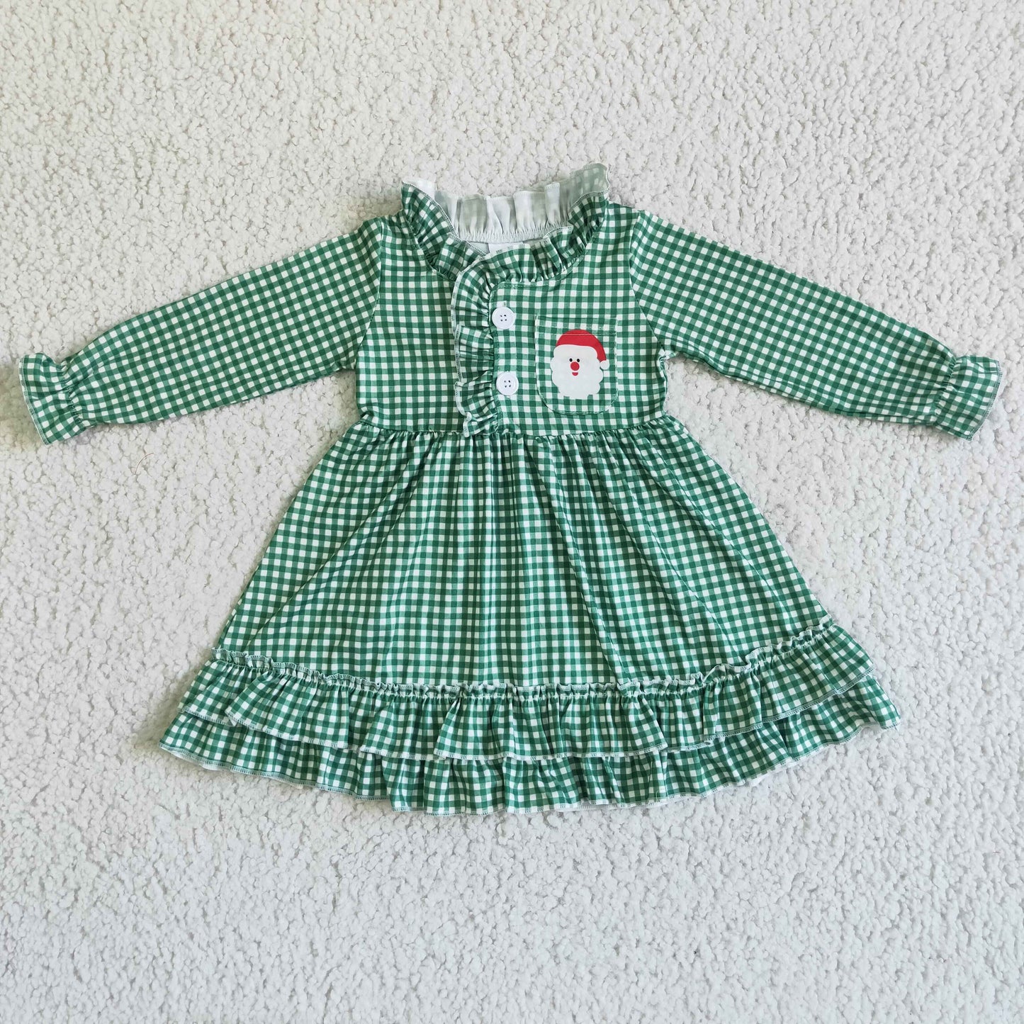 6 C10-7 girl white and green plaids long sleeve frock kids christmas santa twirl dress