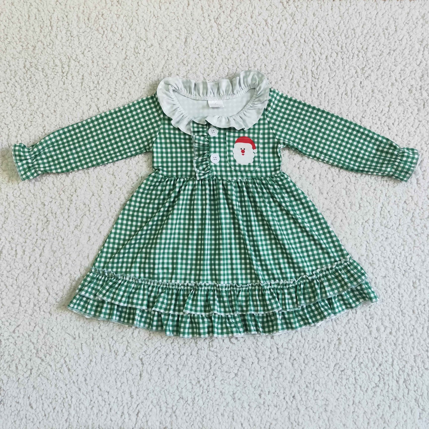 6 C10-7 girl white and green plaids long sleeve frock kids christmas santa twirl dress