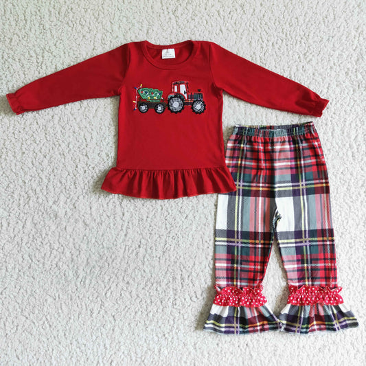 GLP0063 girl red cotton long sleeve top match plaids ruffle pants 2pieces set with christmas tree embroidery