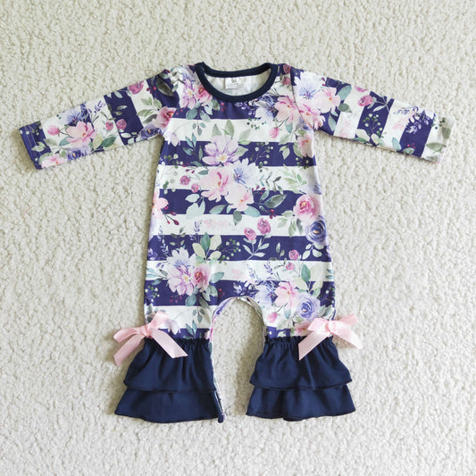 LR0063 infants long sleeve romper with ruffles baby girls purple flowers pattern jumpsuit