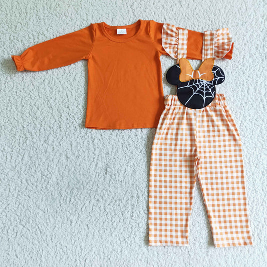 GLP0067 girl fashion style orange solid color top match cute plaids overall