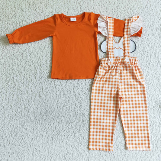 GLP0067 girl fashion style orange solid color top match cute plaids overall