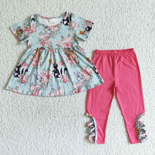 GSPO0154 girl short sleeve tunic with flowers pattern match pink long pants