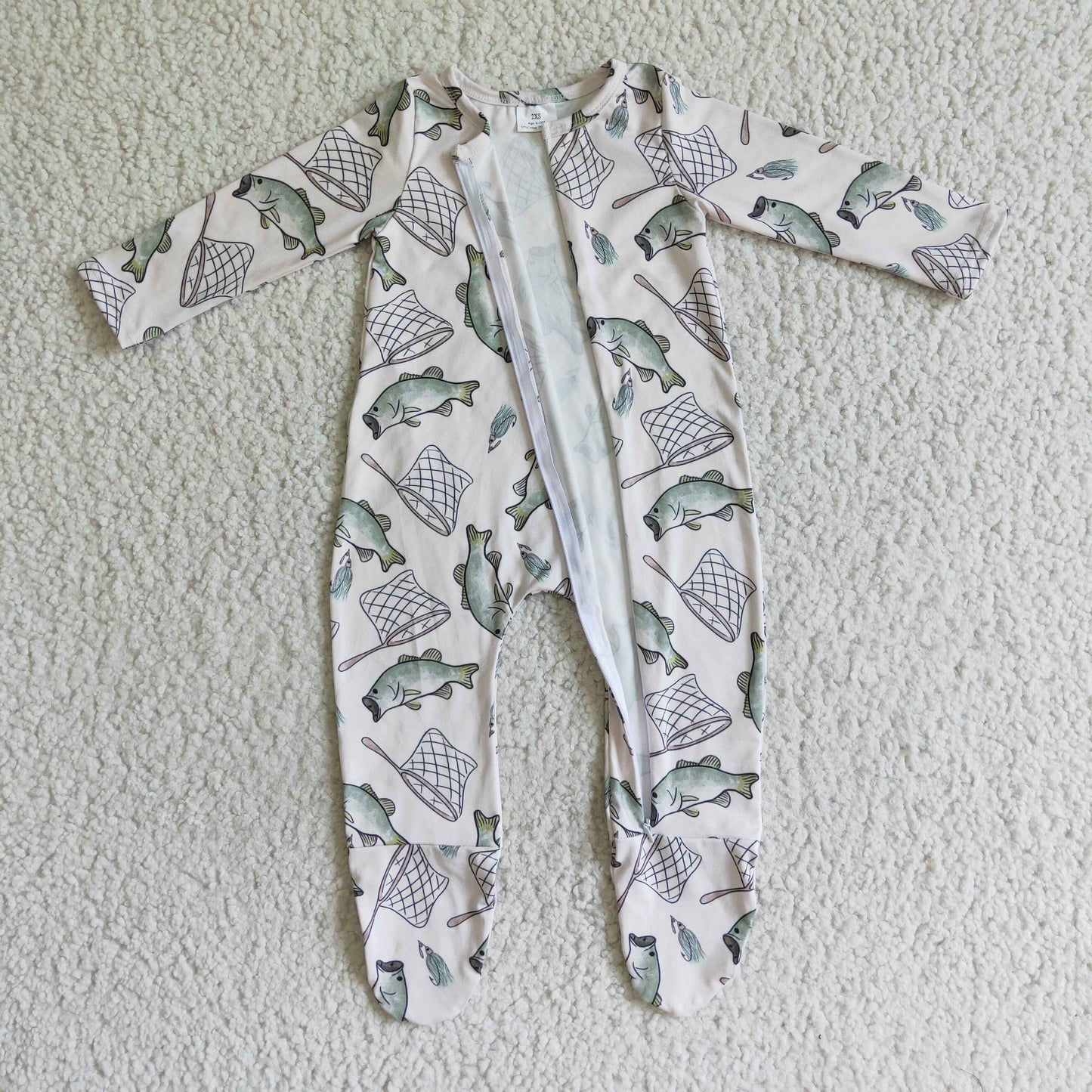 LR0100 infants long sleeve zipper romper baby boy and girls fish pattern foot wrap bodysuit