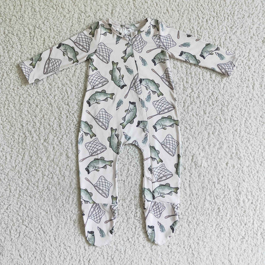 LR0100 infants long sleeve zipper romper baby boy and girls fish pattern foot wrap bodysuit