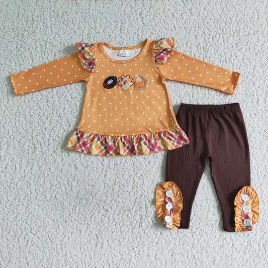 GLP0035 girl yellow long sleeve top and brown cotton pants with turkey embroidery