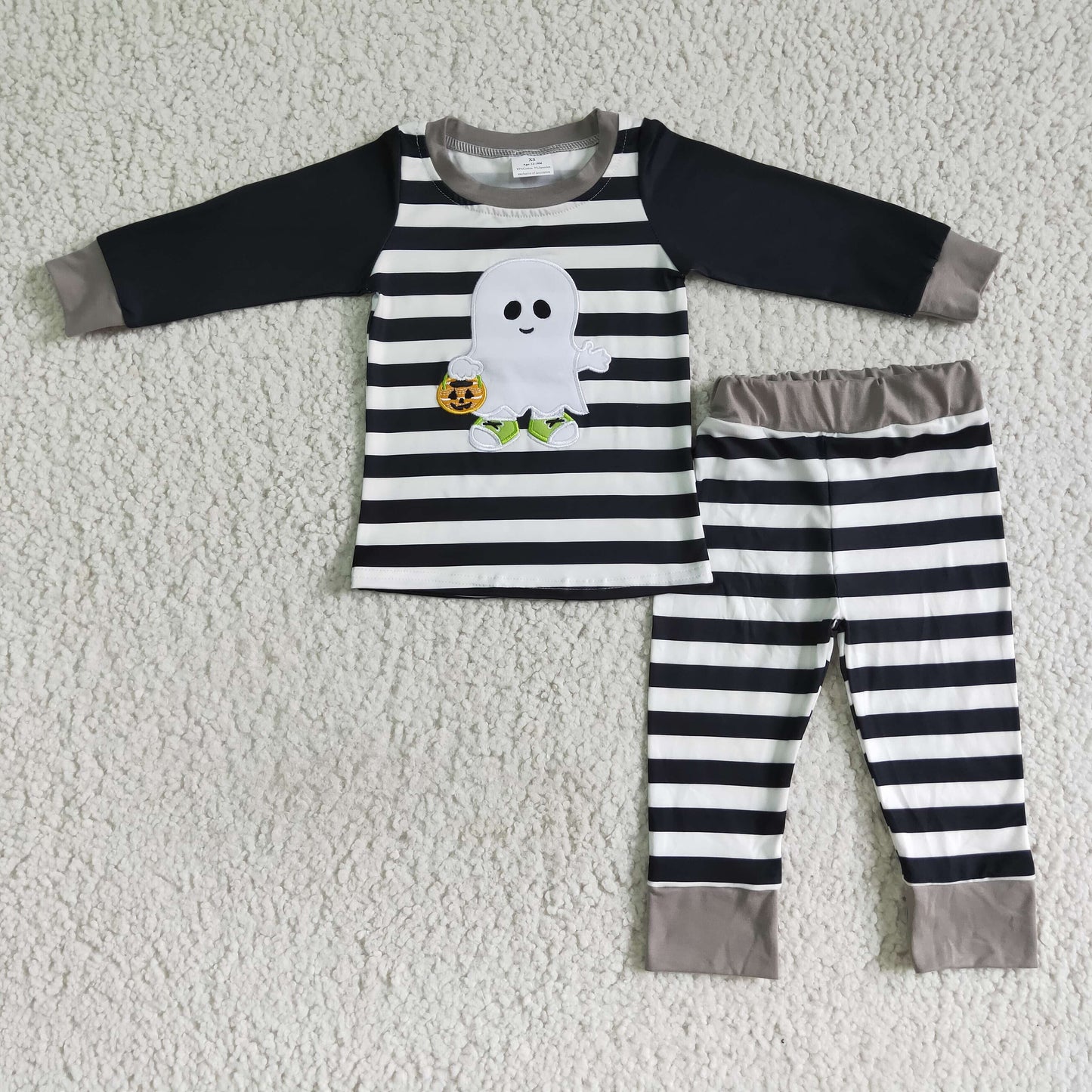 BLP0018 boy halloween pumpkin embroidery stripes long sleeve outfit