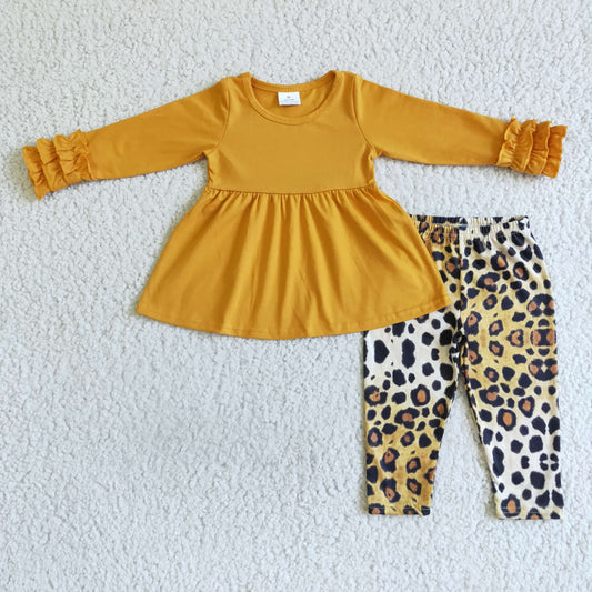 GLP0109 girl yellow cotton icing ruffle long sleeve top match leopard pants set