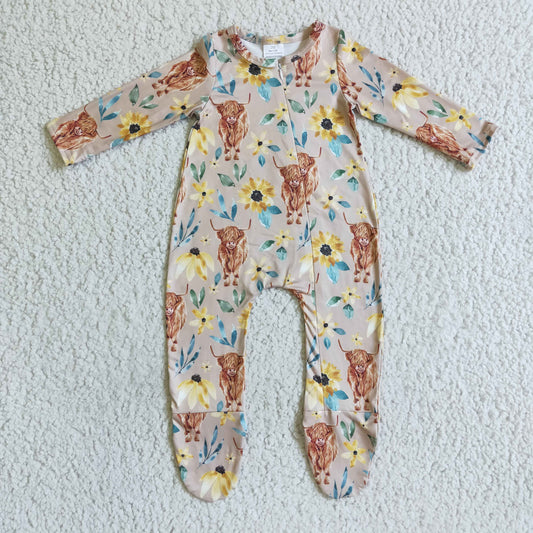 LR0071 infants long sleeve foot wrap bodysuit babys highland cow and flowers pattern romper