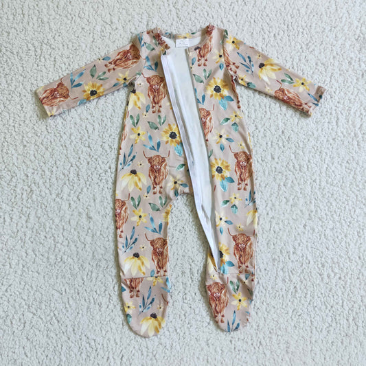 LR0071 infants long sleeve foot wrap bodysuit babys highland cow and flowers pattern romper