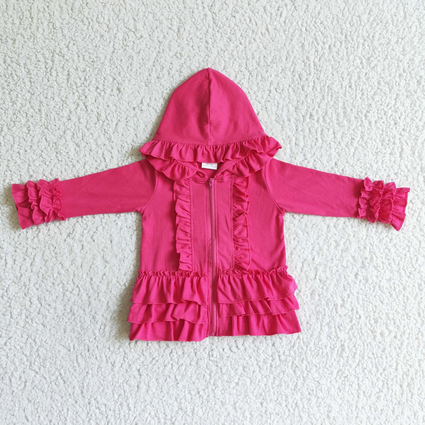 GT0020 fashion girl rose red solid color ruffle zipper outwear kids cotton hooded jacket