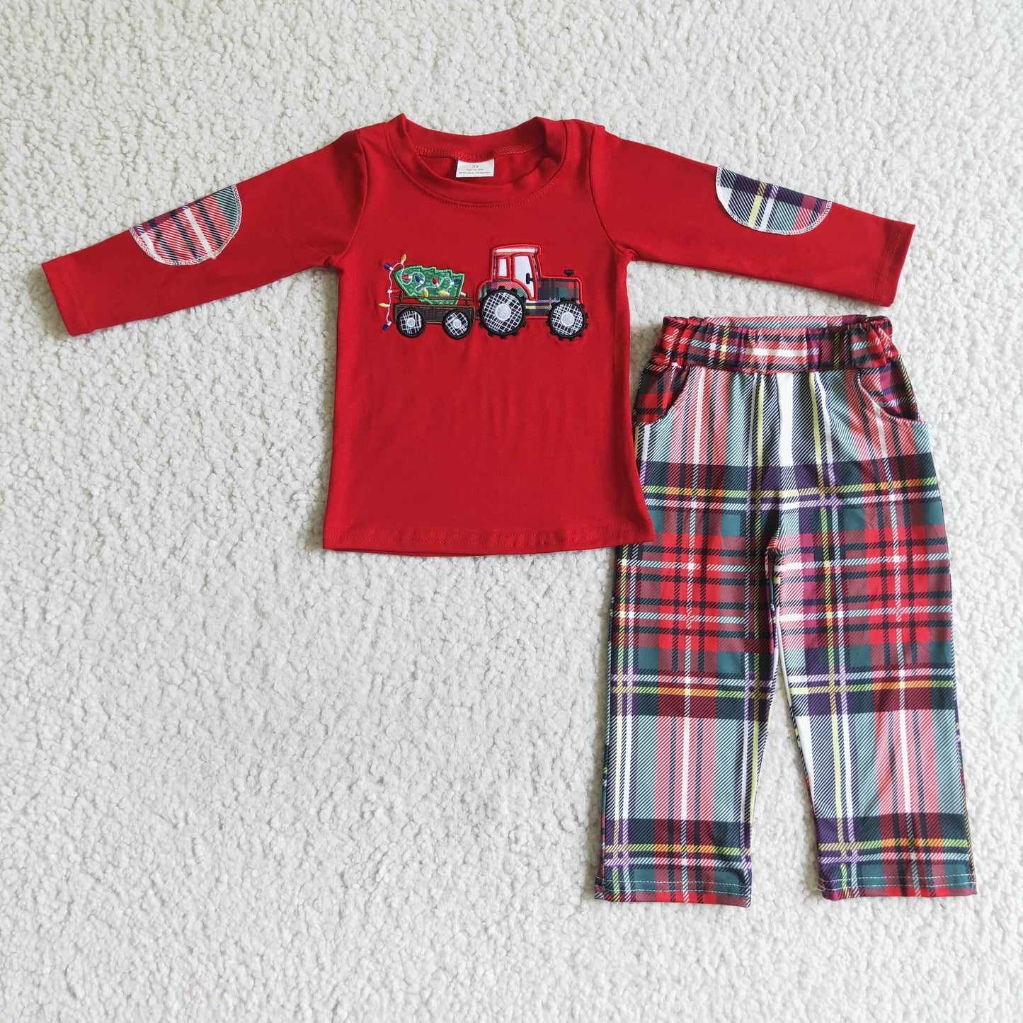 BLP0013 boy cotton red long sleeve top and plaids pants outfit for christmas