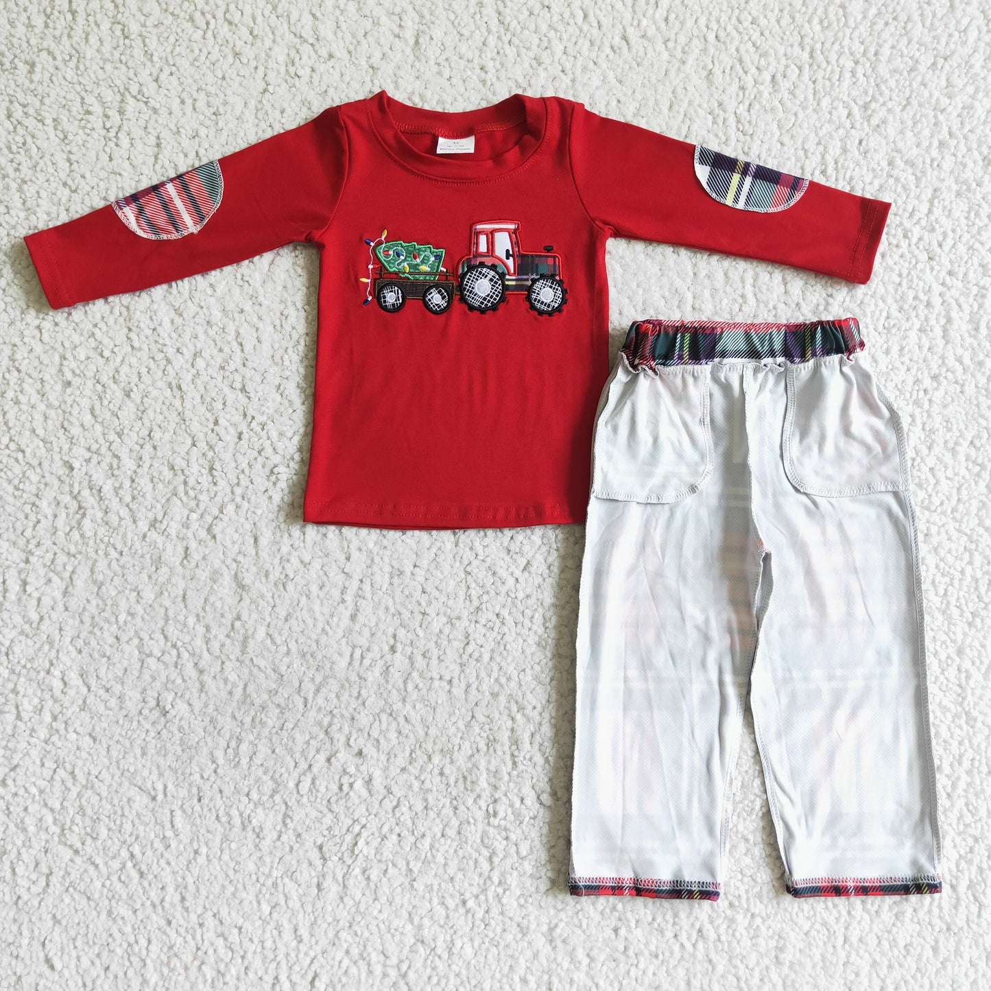 BLP0013 boy cotton red long sleeve top and plaids pants outfit for christmas