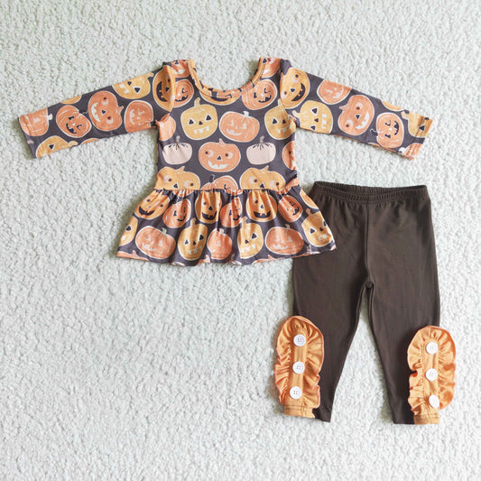 GLP0116 girl pumpkin pattern long sleeve tunic match brown pants set for halloween