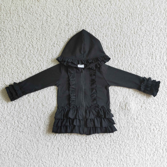 GT0016 girl black cotton hooded coat kids ruffle long sleece jacket