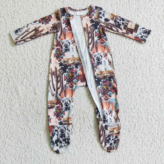 LR0069 infants baby long sleeve cow and cactus pattern foot wrap bodysuit