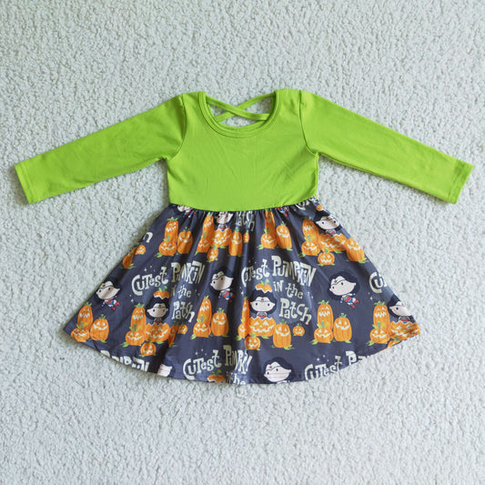 GLD0079 girl halloween green solid color top stitching pumpkin pattern twirl dress