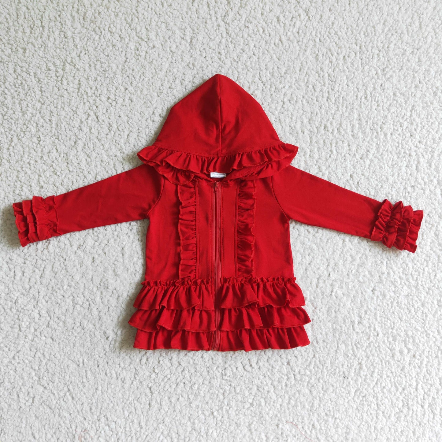 GT0019 girl red cotton hooded coat kids ruffle long sleeve jacket