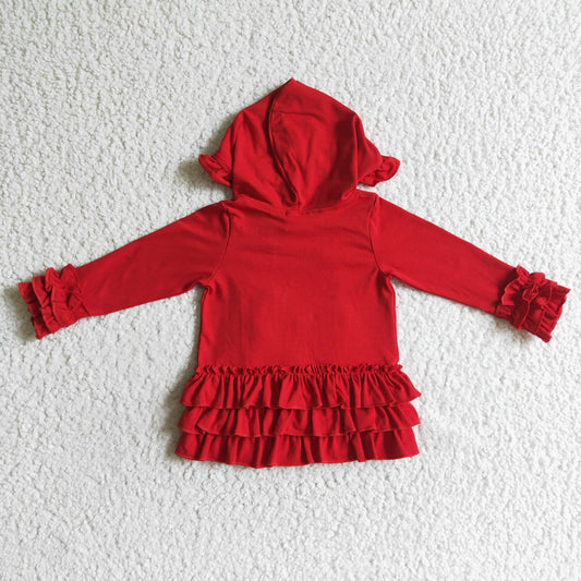 GT0019 girl red cotton hooded coat kids ruffle long sleeve jacket