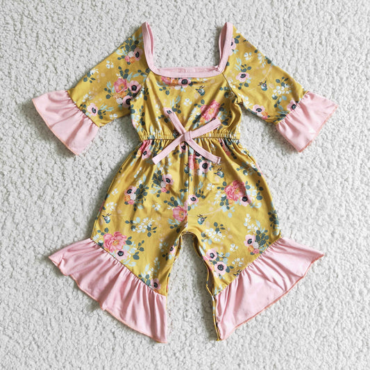 6 A30-16-1 toddler girls long sleeve ruffle romper with flowers print