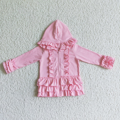 GT0021 girl solid solor cotton hooded zipper outwear with ruffles