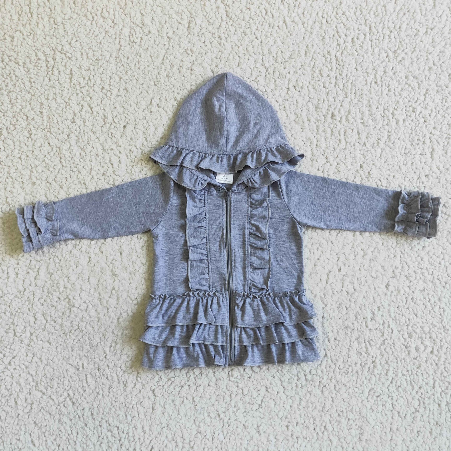 GT0021 girl solid solor cotton hooded zipper outwear with ruffles