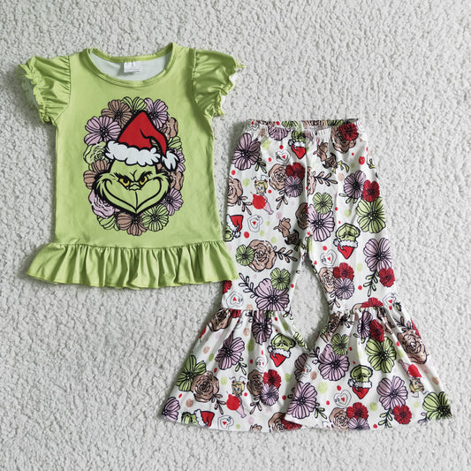 GSPO0179 christmas girl green puff sleeve top and flowers pattern bell bottoms outfit