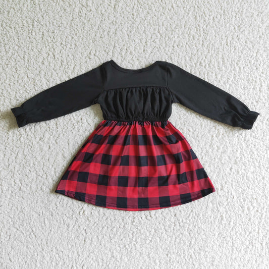 GLD0072 girl fashion stitching long sleeve frock kids spring autumn plaids twirl dress