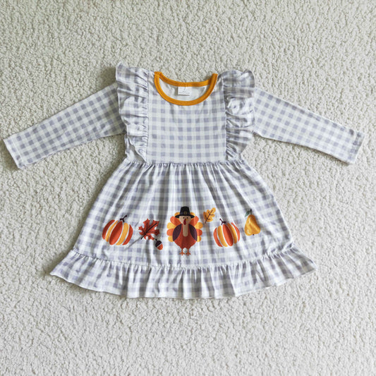 GLD0056 thanksgiving day long sleeve plaids dress with turkey print for girls