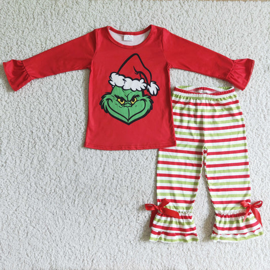 GLP0193 christmas red long sleeve shirt match stripes ruffle pants with bows girl outfit