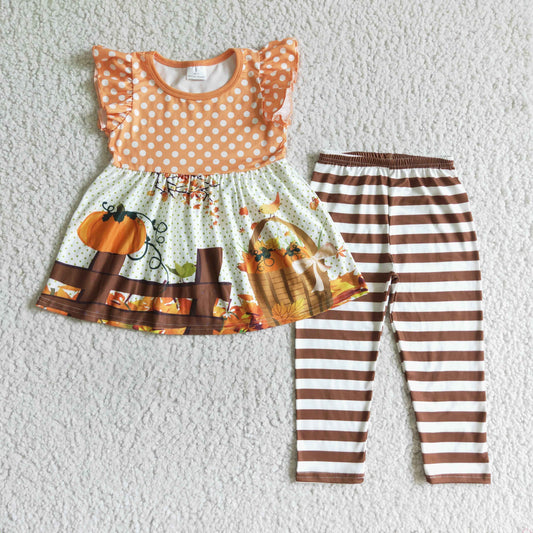 GSPO0173 girl flutter sleeve dot and plaids pumpkins top match stripes pants for halloween